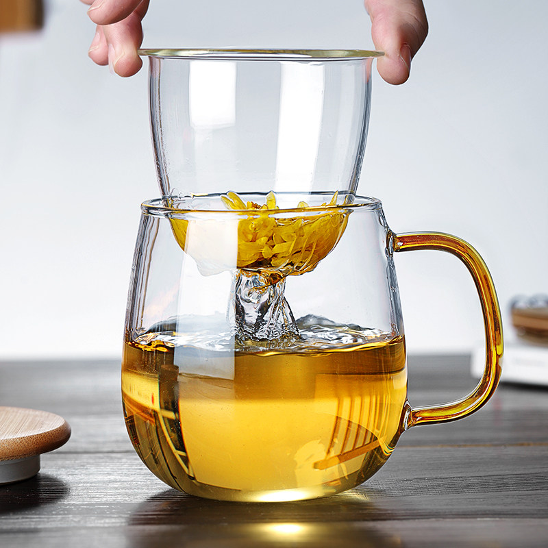 带盖玻璃杯子带把手茶水分离透明过滤办公室家用男女泡茶杯喝水杯