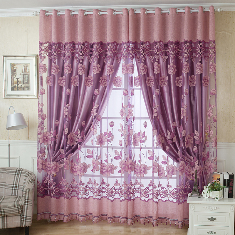 紫色绣花窗纱窗帘杆一整套全遮光2024新款时尚卧室客厅免打孔安装