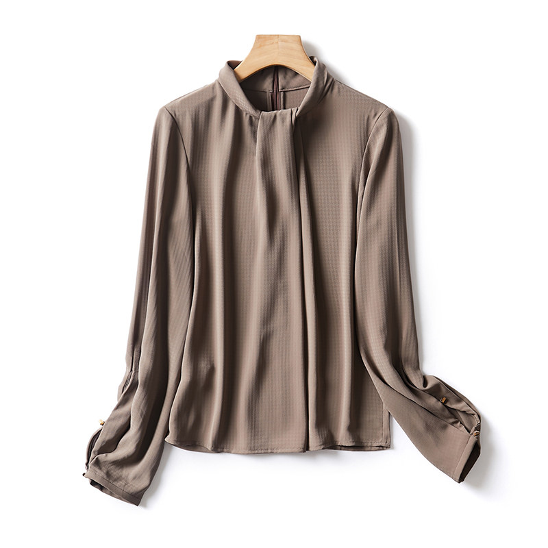 定纺大地色系 前襟捏褶气质立领长袖衬衫上衣