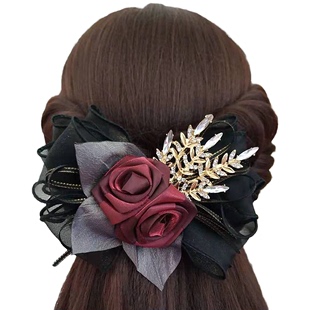 新品原创设计布艺花朵发夹成人后脑勺一字夹黑色系大蝴蝶结弹簧夹