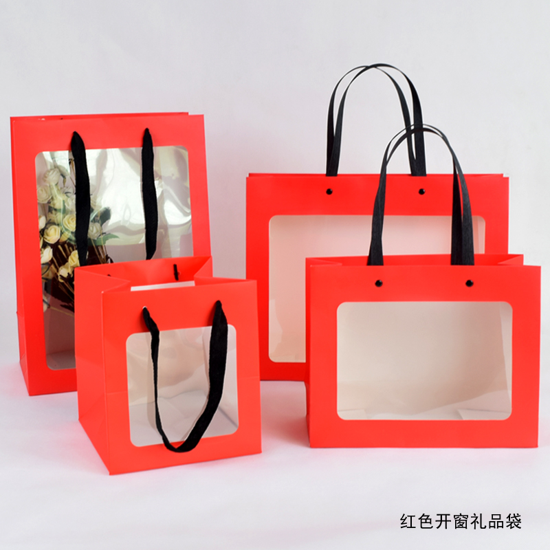 红色礼品袋手提袋PVC透明开窗网红ins情人节生日礼物外包装袋定制