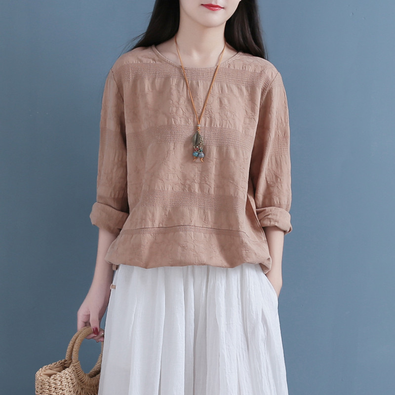 一折棉麻女装冬_清袅 复古提花棉麻上衣女秋季新款宽松显瘦休闲女装