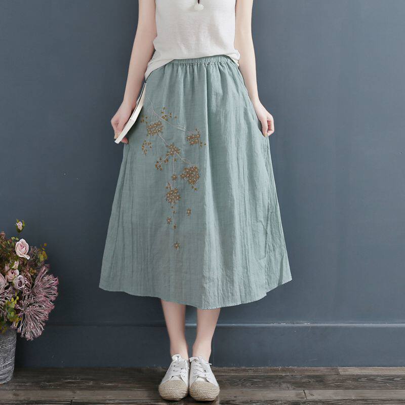 2021夏装新款薄款棉麻半身裙刺绣双层飘逸a字裙中国风棉麻长裙女