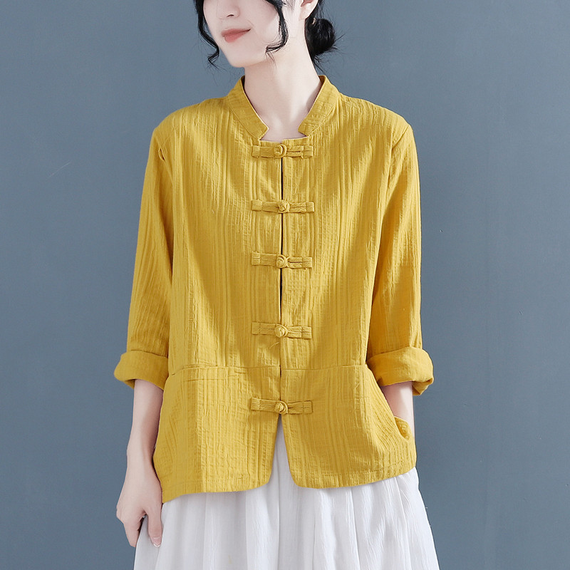中国风复古棉麻上衣女长袖衬衫春秋新款中式盘扣开衫文艺外套茶服