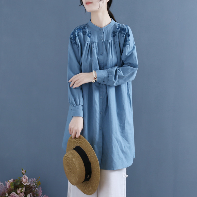 亚麻刺绣长袖衬衫女春夏新款文艺复古立领宽松休闲上衣开衫中长款