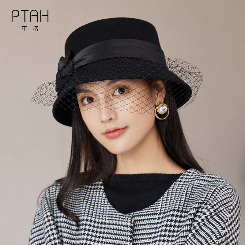 布塔搭配大衣的复古赫本风法式小礼帽优雅蝴蝶结卷边盆帽纯羊毛呢
