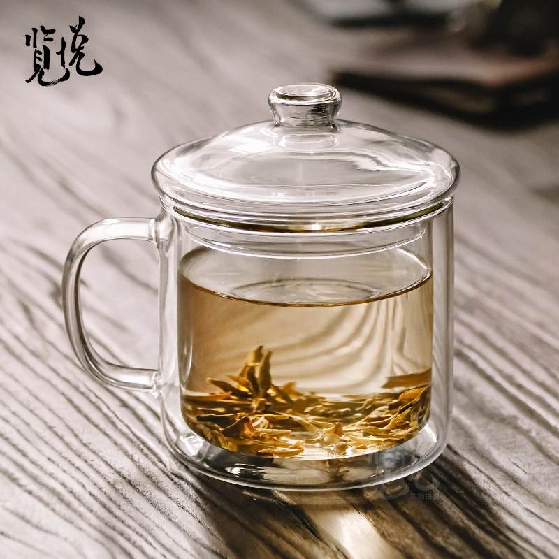览悦复古大茶缸单双层把手带盖耐热玻璃泡茶水杯子大容量办公家用