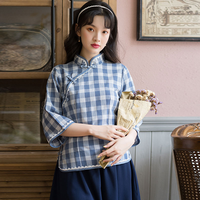 民国风复古学生唐装改良格子旗袍上衣话剧演出服中国风茶艺服套装