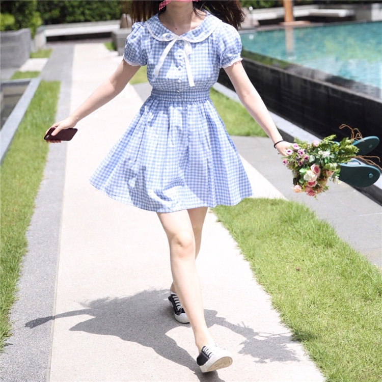 12Land原创设计 朝阳格子海南度假水手风高腰日系学生少女连衣裙