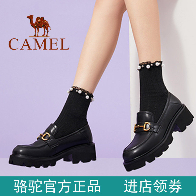 camel骆驼牌女士皮鞋 2022年春季女休闲鞋乐福鞋学院风黑色小皮鞋