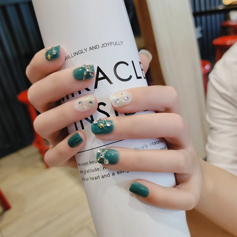 蔚蓝星河短款青绿色星座装饰美甲成品穿戴甲片可拆卸假指甲贴片女