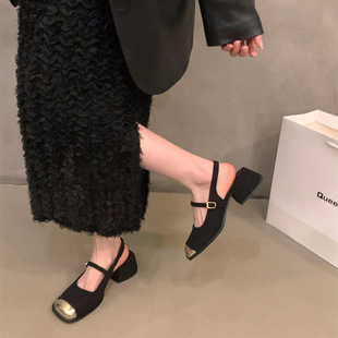 法式黑色玛丽珍凉鞋仙女鞋子2024新款夏季晚晚风中高跟单鞋
