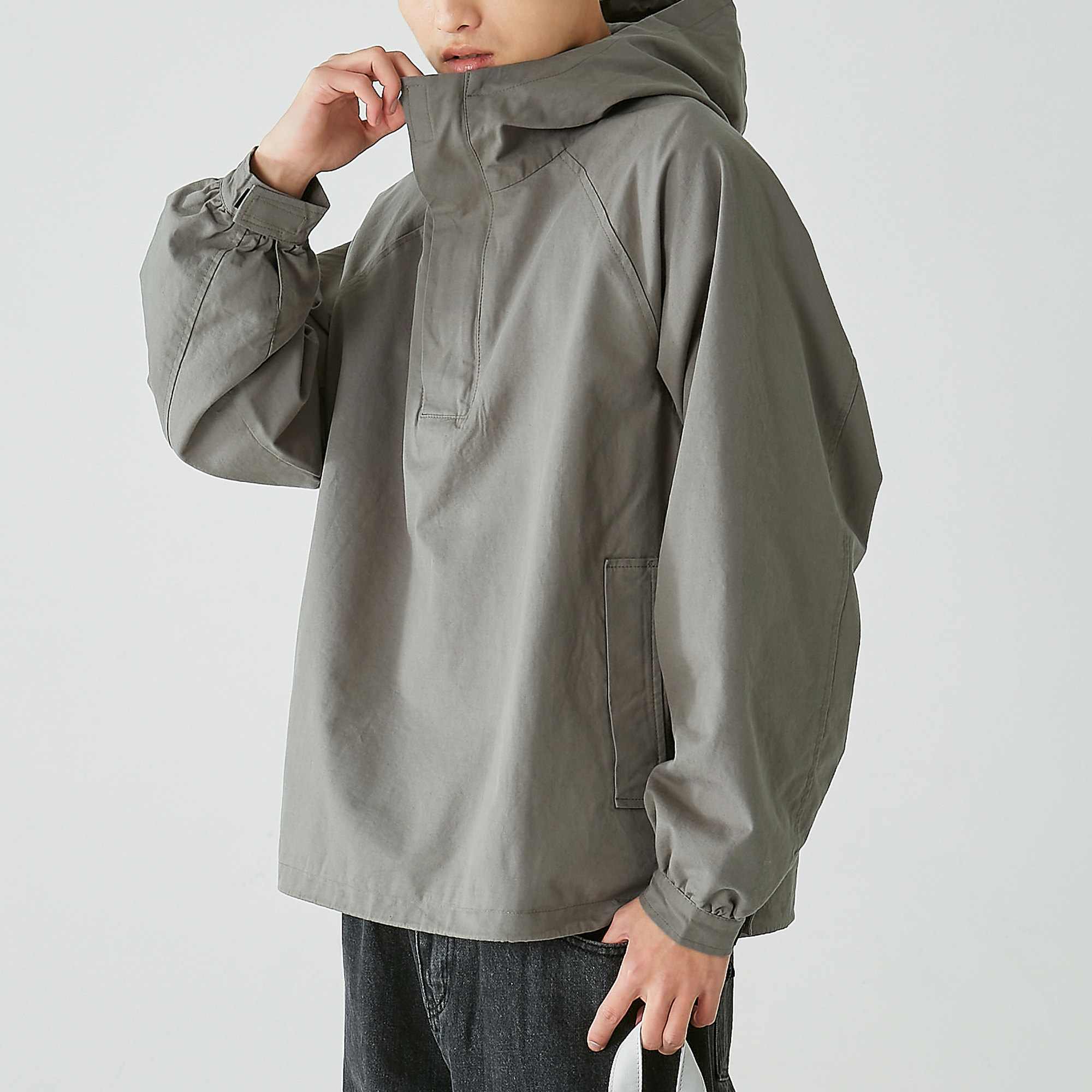 写意春款日系复古纯色连帽风衣男装基础百搭薄款宽松套头衫外套男