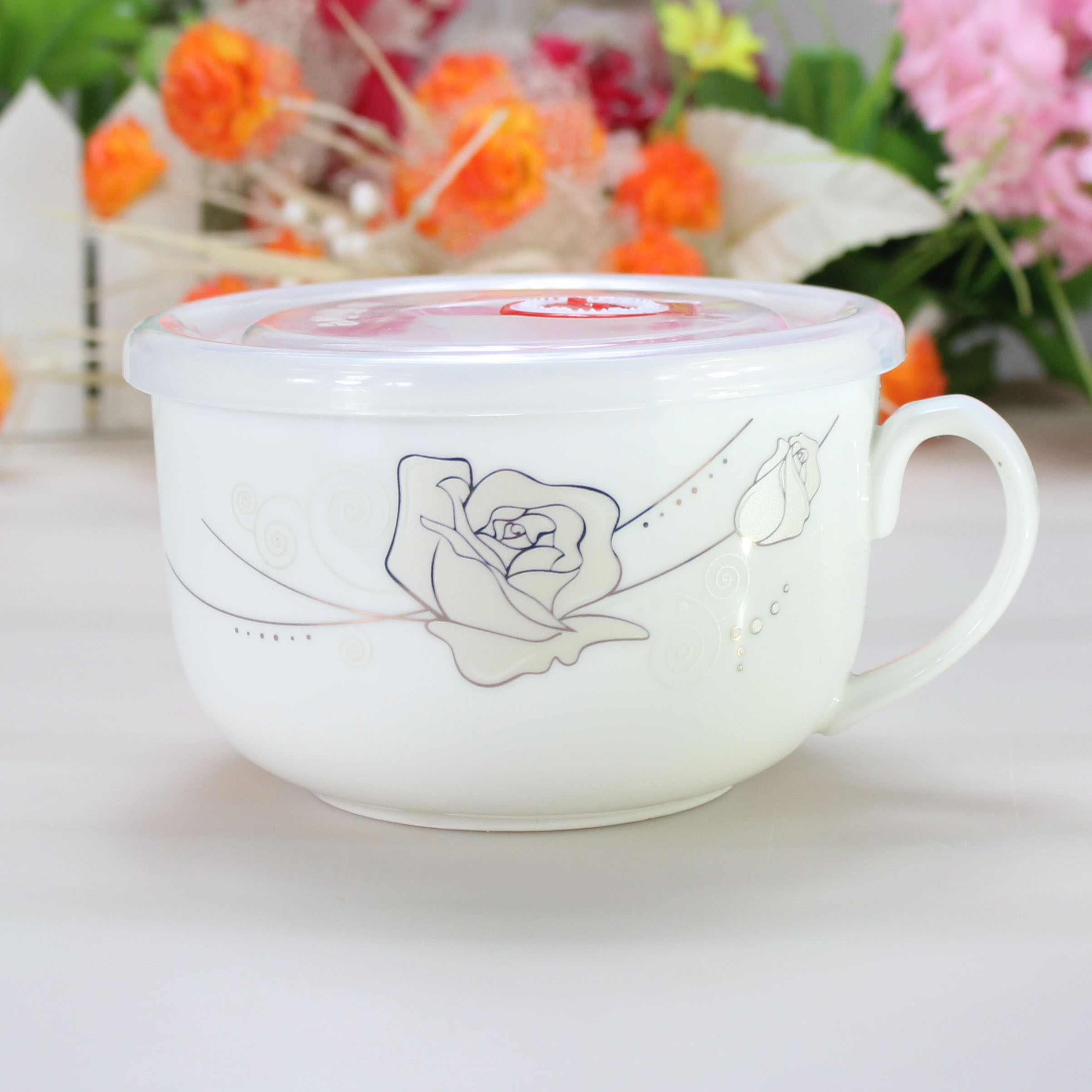 包邮创意微波炉卡通陶瓷碗汤碗泡面碗餐具套装可爱泡面杯带盖带把