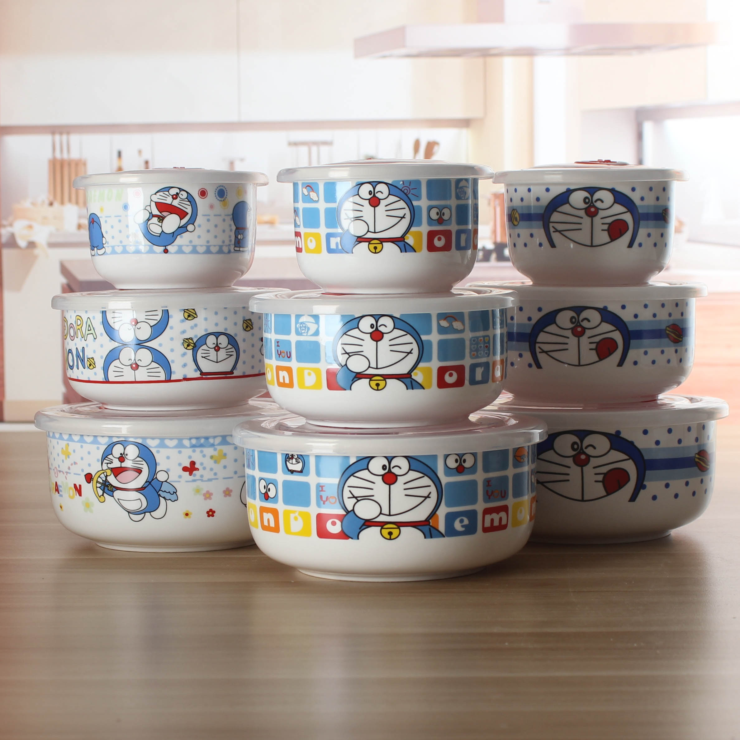 卡通陶瓷保鲜碗三件套套装饭盒便当盒水果圆形陶瓷碗微波炉带盖