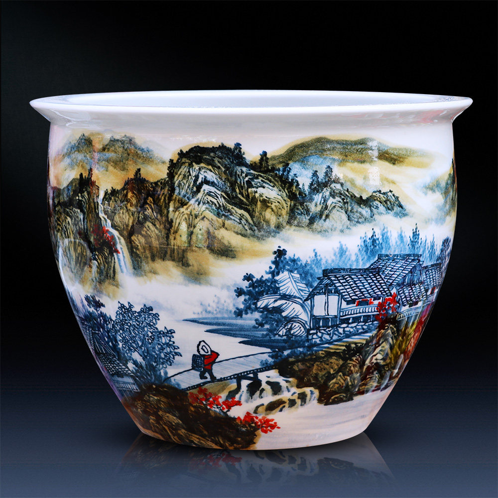 景德镇陶瓷鱼缸瓷器摆件手绘山水画缸