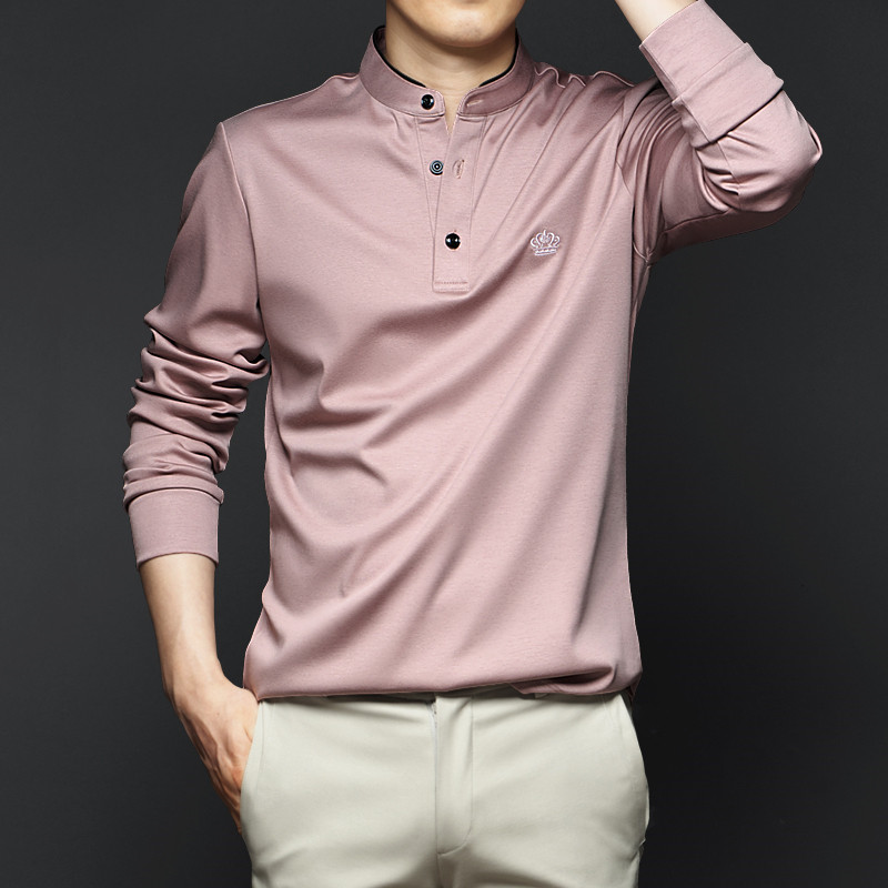 yakx男士长袖t恤秋冬款丝光棉刺绣春秋立领polo衫男秋季新款潮流