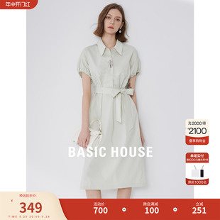 Basic House/百家好气质高腰衬衫裙2024夏季新款泡泡袖连衣裙女