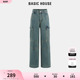 Basic House/百家好大口袋工装裤2024夏季新款小个子直筒牛仔裤女