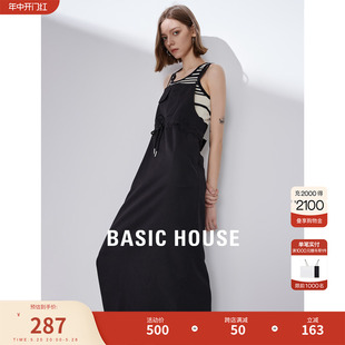 Basic House/百家好一字领吊带连衣裙女2024夏季新款工装收腰长裙