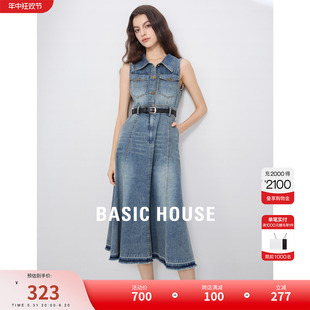 Basic House/百家好无袖牛仔连衣裙女2024夏季新款复古风收腰长裙