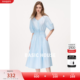 Basic House/百家好茶歇法式连衣裙女2024夏季新款收腰v领拉链裙