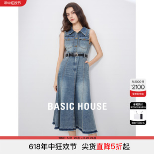 Basic House/百家好无袖牛仔连衣裙女2024夏季新款复古风收腰长裙