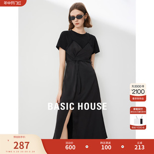 Basic House/百家好缎面假两件连衣裙女2024夏季新款开叉小黑裙