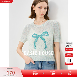 Basic House/百家好减龄蝴蝶结针织短袖2024夏季新款撞色上衣女