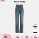 Basic House/百家好蓝色牛仔裤女2023冬季新款高腰显瘦直筒裤子