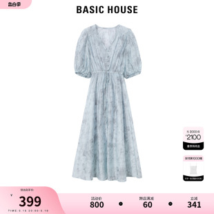 Basic House/百家好印花V领连衣裙2024夏季新款泡泡袖高腰女长裙