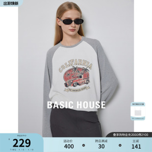 Basic House/百家好春季新款复古拼色印花插肩袖长袖T恤女