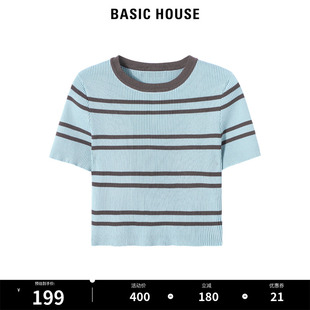 Basic House/百家好条纹短款针织衫2024夏季新款百搭薄款女小衫