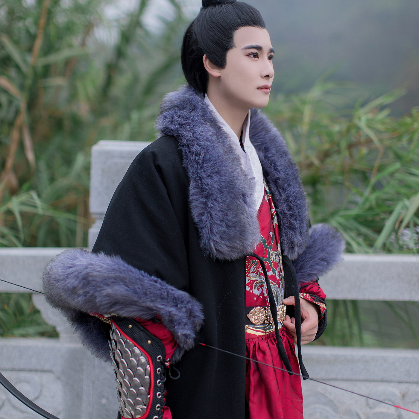 南山韵味超大狐狸毛领保暖加兔毛里对襟袍男装冬款汉服裘衣—江雪