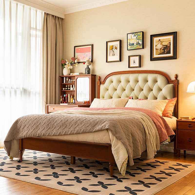 和年美家复古风主卧实木软包床小户型1.5米卧室真皮床1.8米双人床