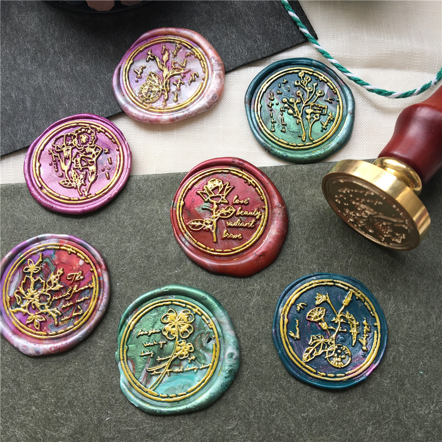 花草流年复古植物火漆印章 幸运草玫瑰调桃花情朝颜小花草野花苞