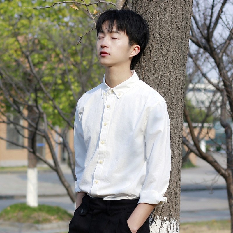 长袖 小清新_陈智文韩版文艺小清新白衬衫男休闲长袖上衣青年修身学生