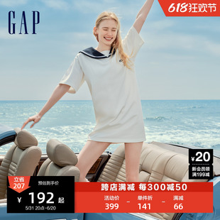 Gap女装2024夏季新款海军翻领logo条纹短袖连衣裙宽松长裙465049
