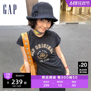 Gap女装2024夏季新款纯棉水洗logo印花短袖连衣裙宽松长裙512543