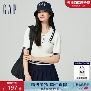 Gap女装2024春夏新款LOGO撞色条纹泡泡袖翻领针织衫短上衣891736