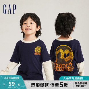 Gap男幼童春秋纯棉舒适假两件长袖T恤儿童装洋气亲肤上衣773839