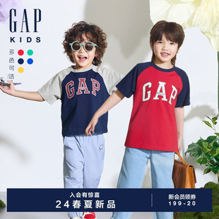 Gap男女童2024夏季新款纯棉logo撞色插肩短袖T恤儿童装上衣