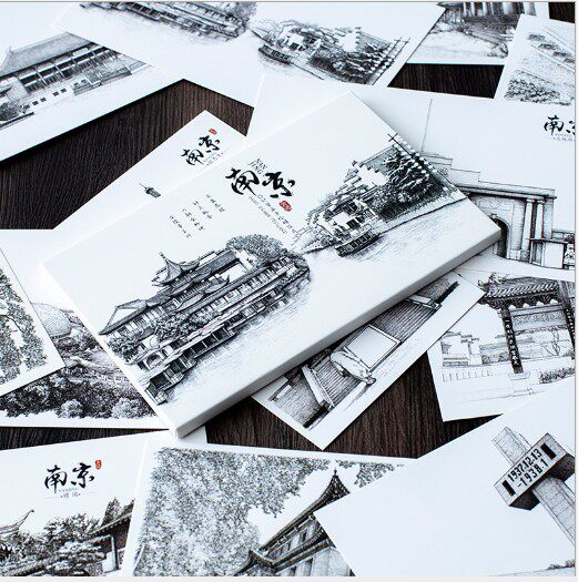 南京手绘明信片精细钢笔画夫子庙中山陵总统府明孝陵风景纪念卡片