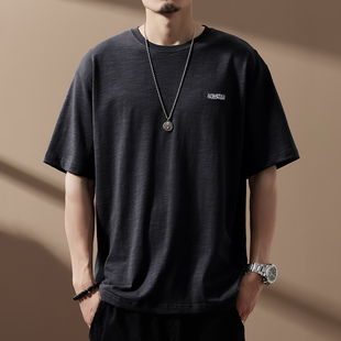 高端300g重磅竹节棉刺绣T恤男夏季新款宽松大码黑色圆领短袖体恤