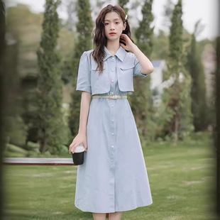 韩系修身显瘦POLO领文艺桔梗裙子女夏季新款短袖气质连衣裙配腰带
