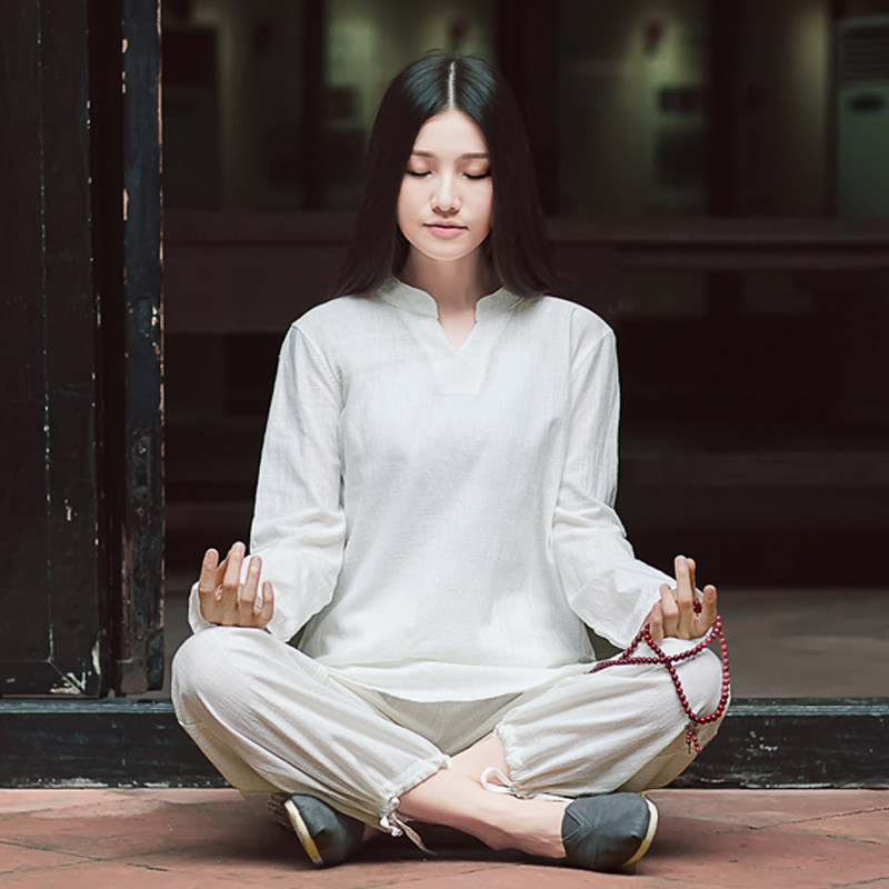 康愫雅棉麻瑜伽服套装女装新款白色长袖打坐禅修服女居士服秋冬季