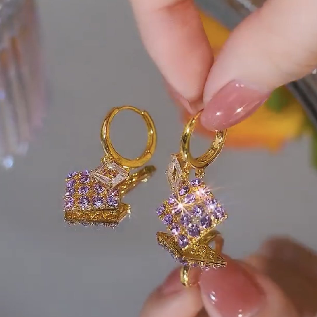 轻奢仙气紫色几何菱形锆石耳环时尚高