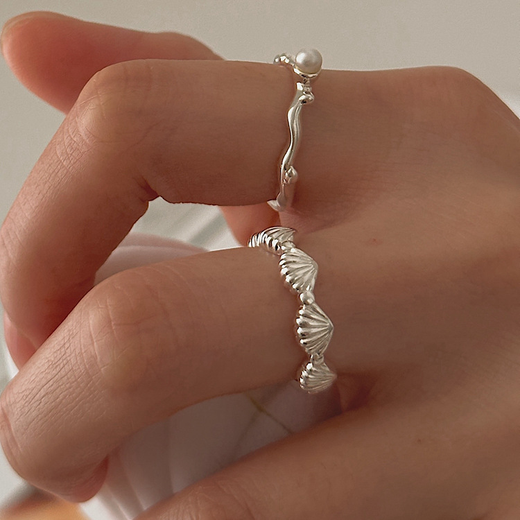 NRO时尚流行珍珠与贝壳925纯银肌理感开口可调节立体款戒指