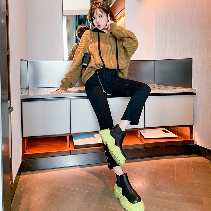 miuco时髦撞色连帽针织卫衣裤脚排扣显瘦直筒裤套装女装