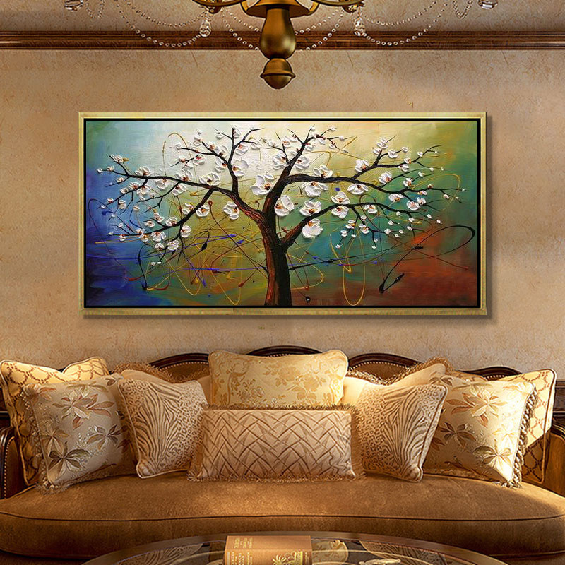 现代纯手工绘油画客厅装饰画背景墙卧室壁画横版挂画抽象画发财树